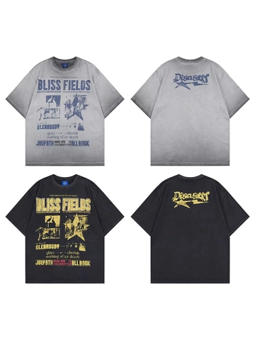T-Shirt Homme Coton Lavé Vintage Américain Oversized Imprimé Rock Band Strass Manches Courtes Couple Streetwear Top