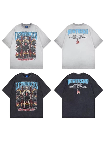 Camiseta de Hombre American Vintage Streetwear Algodón Pesado Estampa Calavera con Strass Lavado al Ácido Ajuste Holgado