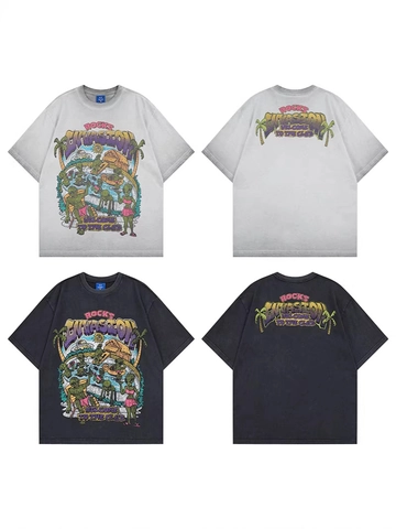 T-shirt Unisex in Cotone Lavato American Retro Con Stampa Grafica Alieno e Strass Girocollo Manica Corta Oversize Estate