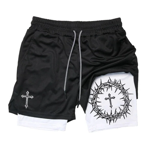 Men Gothic Cross Print Double Layer Sports Shorts Mesh Breathable Heat Transfer Gym Running Training Athleisure Shorts