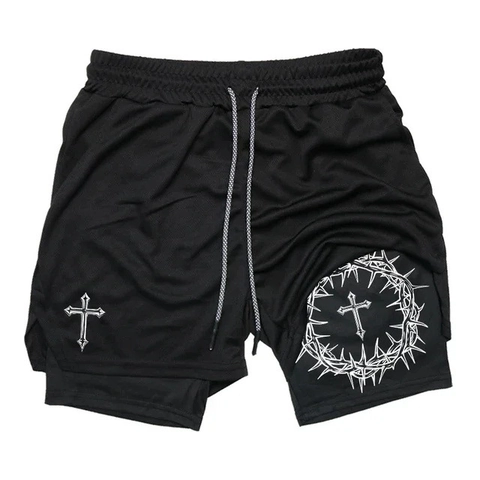 Men Gothic Cross Print Double Layer Sports Shorts Mesh Breathable Heat Transfer Gym Running Training Athleisure Shorts