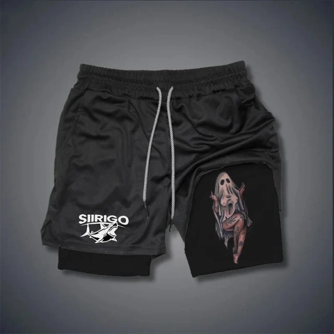 Men's 2-in-1 Running Shorts Quick Dry Mesh Double Layer Athletic Bottoms With Inner Pocket Shark Tattoo Graphic Print