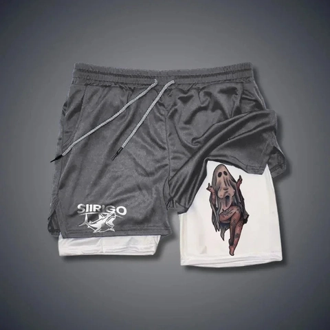 Men's 2-in-1 Running Shorts Quick Dry Mesh Double Layer Athletic Bottoms With Inner Pocket Shark Tattoo Graphic Print