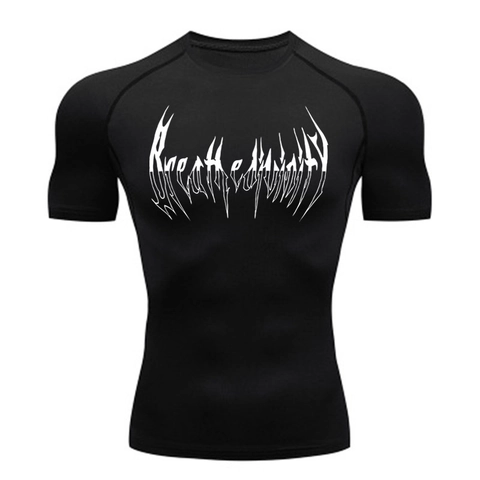 Heren Compressie Shirt Sneldrogend Polyester Elastaan Ademend Elastisch Spierondersteuning Gym Fitness Sport Gotische Letterprint Athletic Base Layer