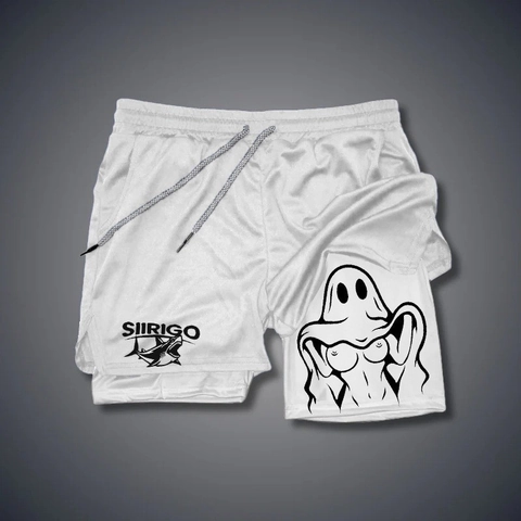 Men's 2-in-1 Sports Shorts Quick Dry Breathable Fitness Running Mesh Shorts Ghost Shark Graphic Print Double Layer Gym Bottoms