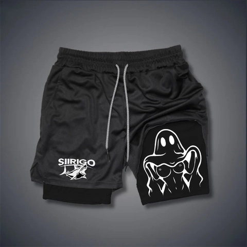 Men's 2-in-1 Sports Shorts Quick Dry Breathable Fitness Running Mesh Shorts Ghost Shark Graphic Print Double Layer Gym Bottoms