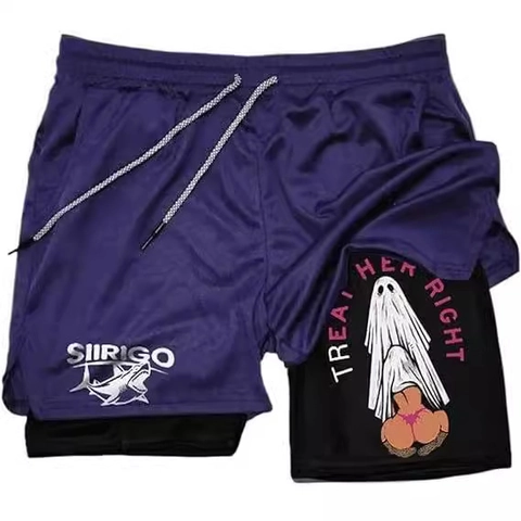 Men's 2-In-1 Double Layer Sports Shorts Quick Dry Breathable Mesh Beach Shorts Anime Graphic Drawstring Compression Bottoms