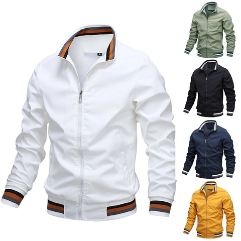 Men Casual Windbreaker Jacket Stand Collar Solid Color Polyester Zipper Coat Outdoor Sportswear Autumn Spring Men Clothing