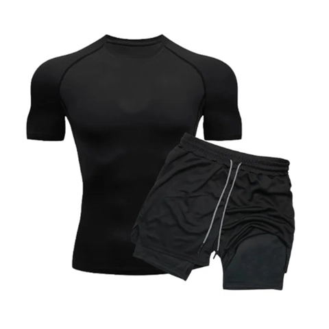 Men Quick Dry Compression T-Shirt And Double Layer Shorts Set Breathable High Elastic Sports Suit For Gym Running Workout Swimming