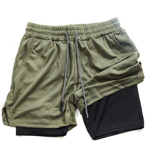Men Quick Dry Running Shorts Towel Loop Double Layer Gym Fitness Training Pants 2-In-1 Workout Shorts Breathable Outdoor Sports Apparel