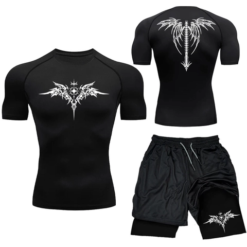 Men Sportswear Compression Outfit Quick Dry MMA Fitness Tribal Totem T-Shirt And Double Layer Shorts Workout Gym Suit