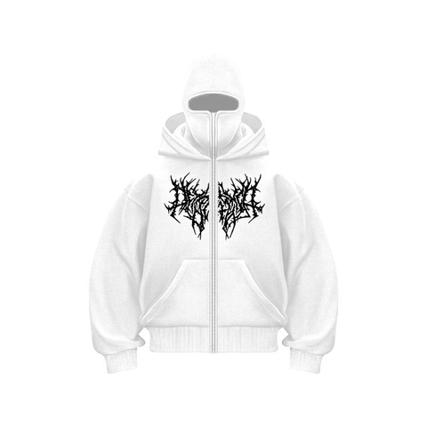 Felpa con Cappuccio Gotica da Uomo con Maschera Passamontagna Full Face Zip Streetwear Stampa Lettere Gotiche Misto Cotone Felpa Larga in Pile