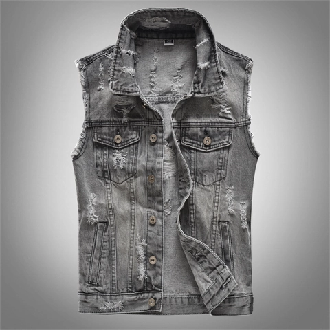 Gilet en Denim Distressed pour Hommes Gris Délavé Déchiré Veste Sans Manches Streetwear Coupe Ajustée Simple Boutonnage Gilet Décontracté