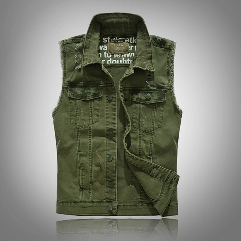 Herren Distressed Denim Weste Vintage Armeegrün Slim Fit Baumwolle Ärmellose Jacke Streetwear Lässige Weste Für Täglich Outdoor