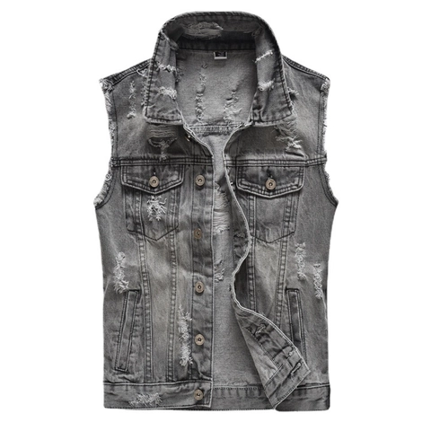 Herren Retro Distressed Denim Weste Baumwolle Zerrissen Ärmellose Jacke Grau Vintage Streetwear Weste Für Männer