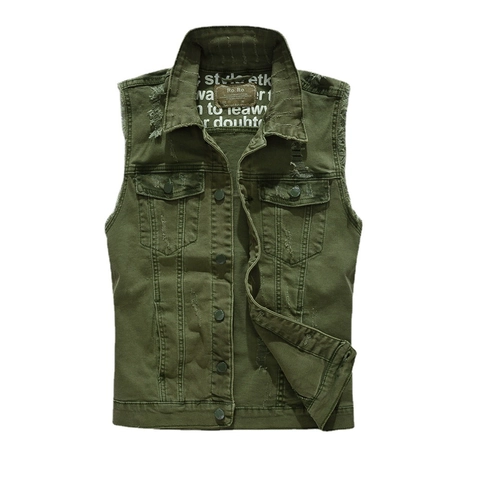Herren Casual Armeegrün Denim Weste Zerrissen Distressed Baumwolle Ärmellose Jacke Mit Revers Multi-Taschen Vintage Workwear Top