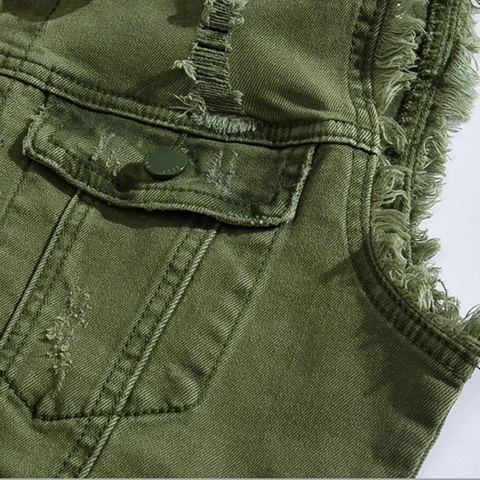 Herren Casual Armeegrün Denim Weste Zerrissen Distressed Baumwolle Ärmellose Jacke Mit Revers Multi-Taschen Vintage Workwear Top
