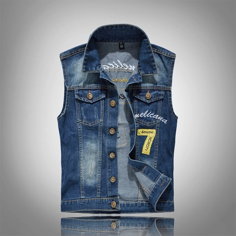 Men Slim Fit Denim Vest Vintage Sleeveless Jacket Casual Blue Cotton Blend Waistcoat With Embroidery And Patches