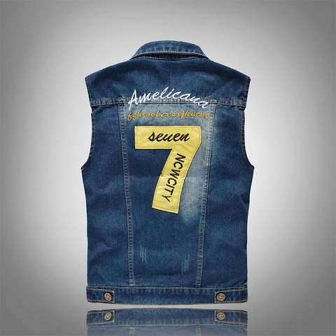 Men Slim Fit Denim Vest Vintage Sleeveless Jacket Casual Blue Cotton Blend Waistcoat With Embroidery And Patches