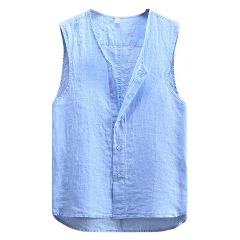 Men Chinese Style Linen Vest Button Down Sleeveless Shirt Casual Color Block Lightweight Summer Top For Youth