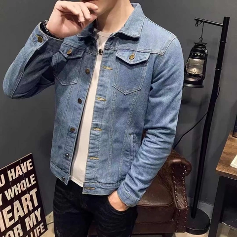 Men Casual Slim Fit Denim Jacket Washed Cotton Blend Jean Coat Contrast Stitching Lapel Metal Buttons Outerwear