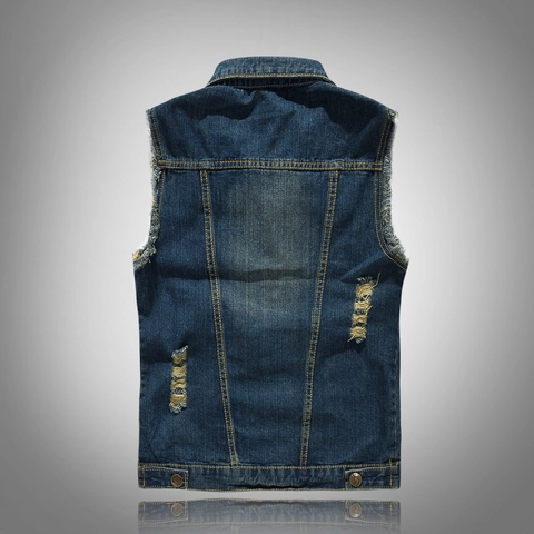 Men's Ripped Denim Vest Korean Slim Fit Distressed Cotton Sleeveless Jacket Vintage Washed Motorcycle Waistcoat Plus Size Outwear