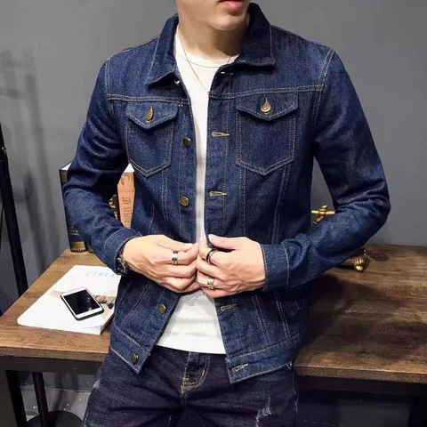 Men Casual Slim Fit Denim Jacket Washed Cotton Blend Jean Coat Contrast Stitching Lapel Metal Buttons Outerwear