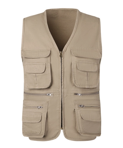 Men Outdoor Utility Fishing Vest Cotton Multi Pocket Photography Cargo Sleeveless Waistcoat Casual V Neck Solid Gilet