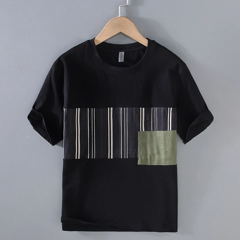 Men's Casual Cotton Patchwork T-Shirt Color Block Pocket Crew Neck Short Sleeve Loose Fit Youth Fashion Breathable Top