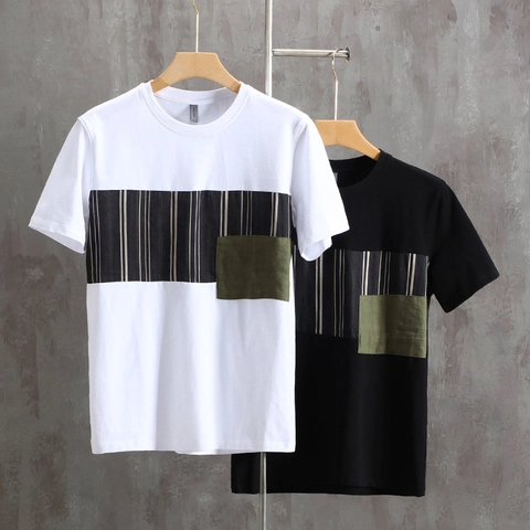 Men's Casual Cotton Patchwork T-Shirt Color Block Pocket Crew Neck Short Sleeve Loose Fit Youth Fashion Breathable Top