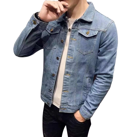 Men Denim Jacket Slim Fit Cotton Blend Washed Jean Jacket Turn-down Collar Button Down Outerwear For Men Casual Spring Coat