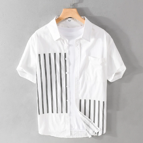 Camicia da Uomo Casual a Maniche Corte Con Rever in Cotone a Righe Patchwork Top Sottile Estivo Alla Moda Con Tasca