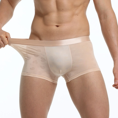 Boxer Sexy pour Hommes Jacquard Cœur Respirant Maille Transparente Taille Moyenne Sous-vêtements Motif Lettres 520 Trunks Confort