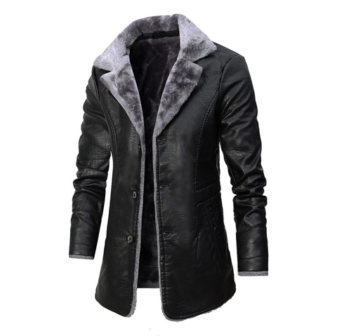Cappotto da Uomo in Pelle PU di Media Lunghezza Con Collo in Pelliccia Sintetica Giacca Invernale Foderata in Pile Spesso Capispalla Caldo Business Casual da Uomo