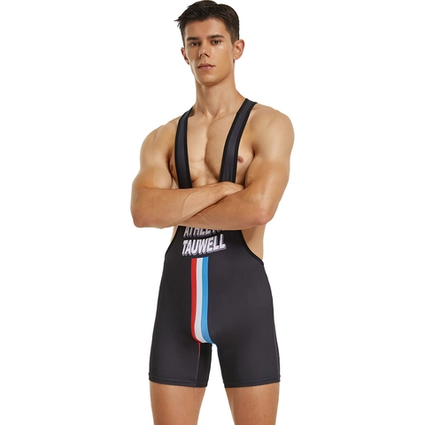 Athletic Men Wrestling Singlet Quick Dry Bodysuit For Gymnastics Training Weightlifting Fitness Black Stripe Jumpsuit