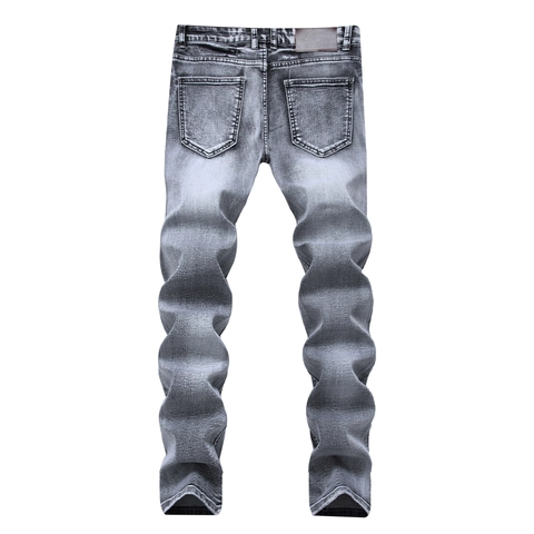 Men Grey Stacked Jeans Slim Fit Cotton Denim Washed Stretch Long Pants For Casual Streetwear Hip Hop Style Fashion Bottoms