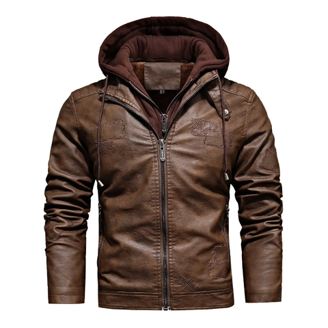 Herren Vintage PU Lederjacke Abnehmbare Kapuze Winter Warm Fleece Gefüttert Retro Motorrad Stil Fake Zweiteiler Mantel