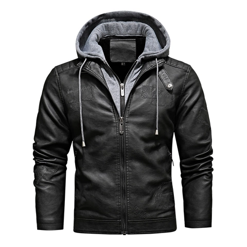 Herren Vintage PU Lederjacke Abnehmbare Kapuze Winter Warm Fleece Gefüttert Retro Motorrad Stil Fake Zweiteiler Mantel