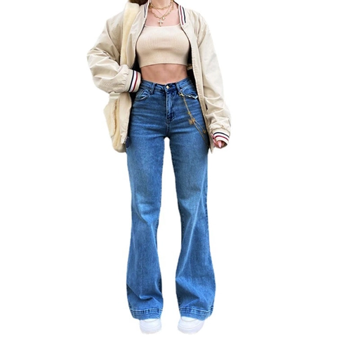 Jeans a Campana a Vita Alta da Donna Gamba Larga in Denim Lavato Con Catena in Metallo Pantaloni Retro Streetwear