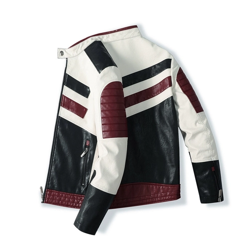 Heren Motorfiets PU Leren Jas Met Fleece Voering Opstaande Kraag Kleurblok Racing Jas Streetwear Bovenkleding Herfst Winter Man