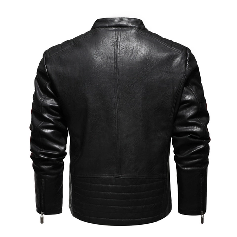 Mens Racing PU Leather Jacket Color Block Stand Collar Motorcycle Faux Leather Coat Zipper Pockets Stripes Streetwear
