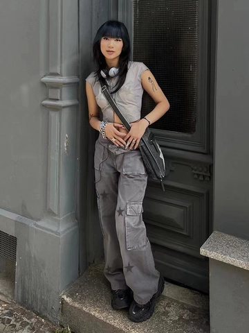 Retro Grau Denim Cargo Hose Stern Print Y2K Streetwear Loose Wide Leg Jeans Mit Multi Taschen Casual Damen Hose