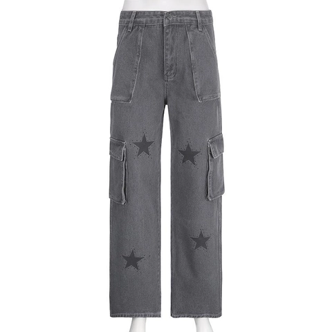 Retro Grau Denim Cargo Hose Stern Print Y2K Streetwear Loose Wide Leg Jeans Mit Multi Taschen Casual Damen Hose