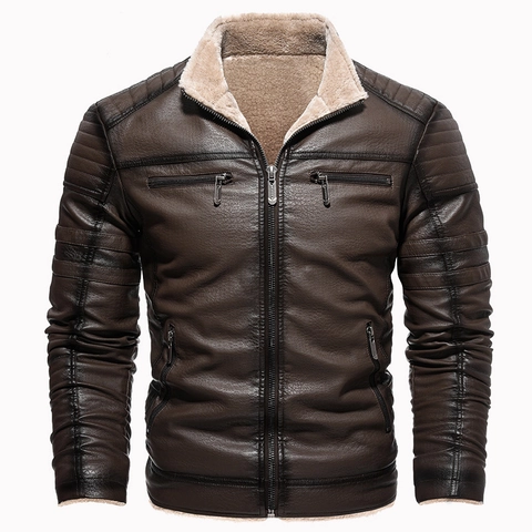 Herren Vintage PU Lederjacke Mit Fleece Futter Moto Biker Outerwear Stehkragen Multi Taschen Warmer Wintermantel