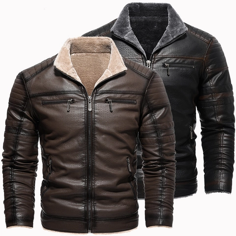Herren Vintage PU Lederjacke Mit Fleece Futter Moto Biker Outerwear Stehkragen Multi Taschen Warmer Wintermantel