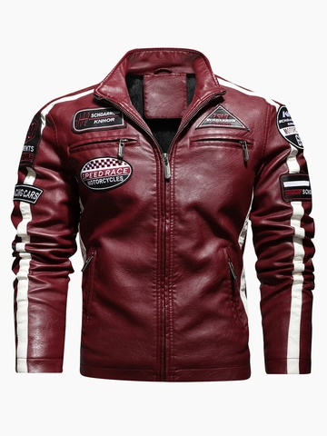 Herren Motorrad PU Lederjacke Vintage Racing Stickerei Patch Fleece Gefüttert Stehkragen Winddicht Lässig Wintermantel