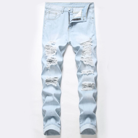 Heren Streetwear Lichtblauw Gescheurde Jeans Casual Rechte Pasvorm Denim Broek Voor Jonge Mannen Watergewassen Basic Stijl