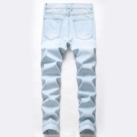 Heren Streetwear Lichtblauw Gescheurde Jeans Casual Rechte Pasvorm Denim Broek Voor Jonge Mannen Watergewassen Basic Stijl