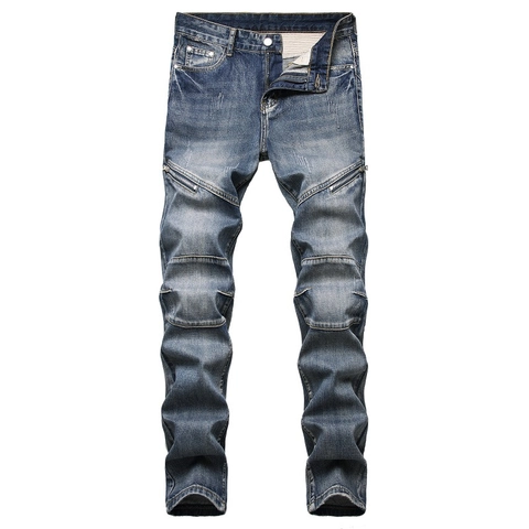 Heren Biker Jeans Katoenmix Distressed Straight Leg Broek Met Decoratieve Rits Nostalgisch Blauw Denim Casual Broek Voor Mannen