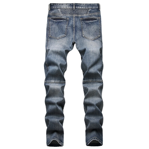 Heren Biker Jeans Katoenmix Distressed Straight Leg Broek Met Decoratieve Rits Nostalgisch Blauw Denim Casual Broek Voor Mannen